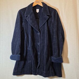 J Jill Tumbled Corduroy Navy Blue Cotton Velvet Trim Mid Length Jacket Womens L